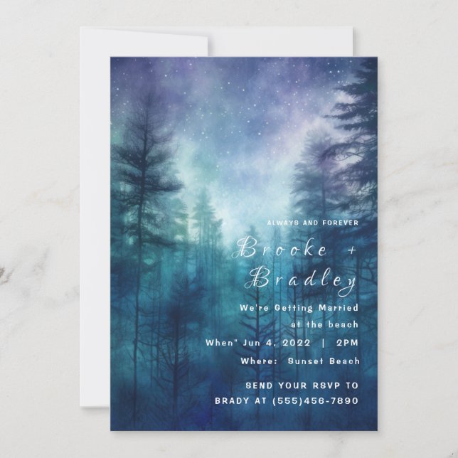Midnight Blue & Purple Starlit Forest Wedding Invitation (Front)