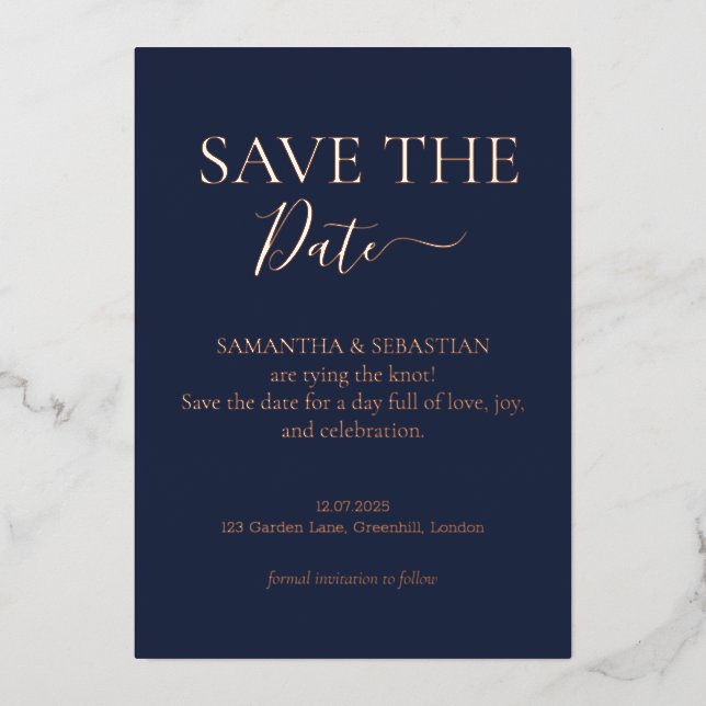 Midnight Blue Real Foil Real Foil Save the Date Foil Holiday Card (Front)