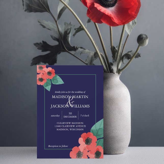 Midnight Blue Red Poppies Floral Evening Wedding Invitation (Creator Uploaded)