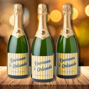 Midnight Blue Retro Muted Peach Stripe Wedding Sparkling Wine Label
