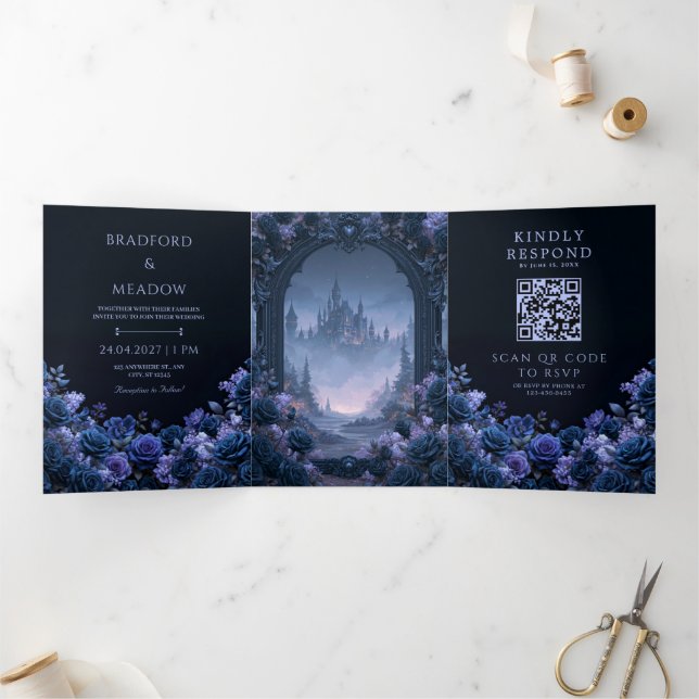 Midnight Blue Rose Gothic Castle Wedding Tri-Fold Invitation (Inside)