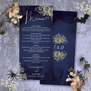 Midnight Blue Roses Floral Gothic Wedding Dinner Menu