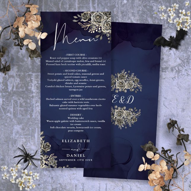 Midnight Blue Roses Floral Gothic Wedding Dinner Menu (Midnight Blue Roses Floral Gothic Wedding Dinner Menu)