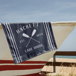 Midnight Blue Rustic Oars Personalised Lake House Beach Towel