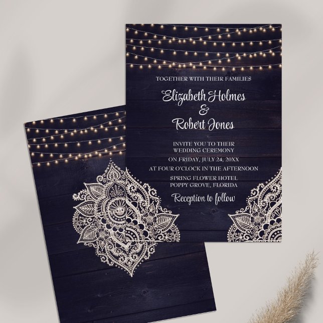 Midnight Blue Rustic Wooden Wedding Invitation (Midnight Blue Rustic Wooden Wedding Invitation on white table.)