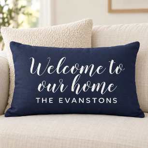 Midnight Blue Script Welcome to Our Home Lumbar Cushion