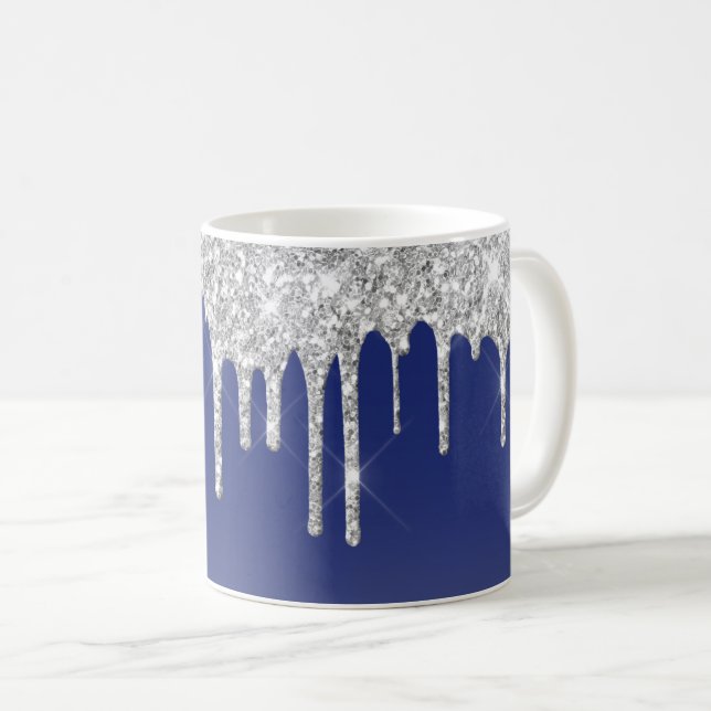 Midnight Blue Silver Glitter Drip Graphic Coffee Mug (Front Right)