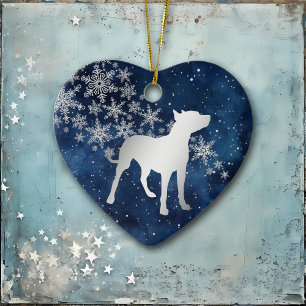 Midnight Blue Silver Snowflake Pitbull Dog Ceramic Ornament