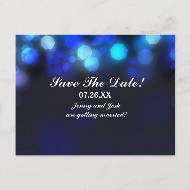 Midnight Blue Sky Bokeh Wedding Save Date Postcard (Front)