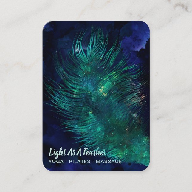 *~*  Midnight Blue Sky Cosmic Emerald Feather Boho Business Card (Front)