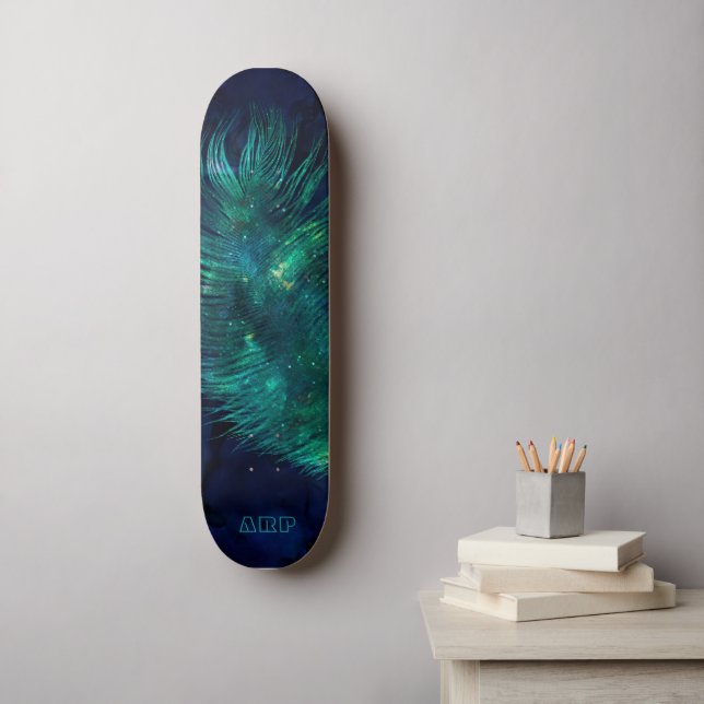 *~*  Midnight Blue Sky Cosmic Emerald Feather Boho Skateboard (Wall Art)