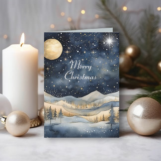Midnight Blue Sky Starry Mountain Family Christmas Card