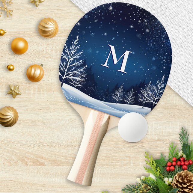 Midnight Blue Sky Stars Monogrammed Winter Ping Pong Paddle (A monogrammed Christmas ping pong paddle, with winter snow scene and midnight blue sky with stars)