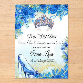 Midnight Blue Slipper and Crown Quinceañera Invite Acrylic Invitations