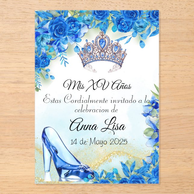 Midnight Blue Slipper and Crown Quinceañera Invite Acrylic Invitations (Front)
