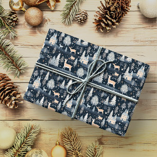 Midnight Blue Snowy Village Wrapping Paper