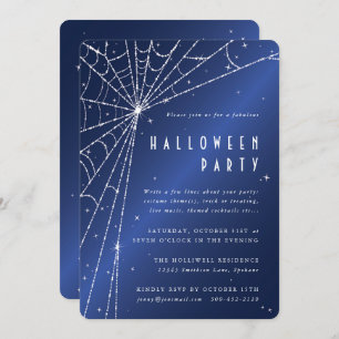 Midnight Blue Sparkling Spider Web Halloween Party Invitation