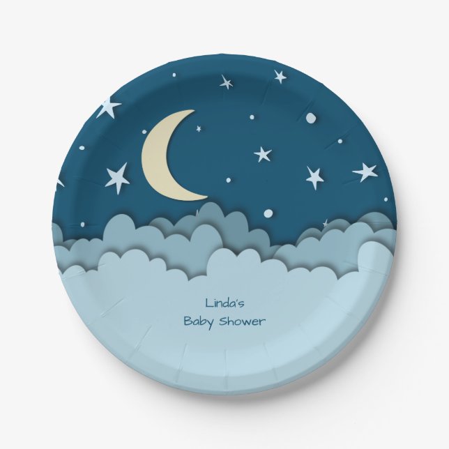 Midnight Blue Stars & Clouds 3D effect Paper Plate (Front)