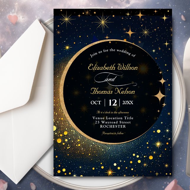 Midnight Blue Stars Moon celestial Halo wedding Invitation (Creator Uploaded)