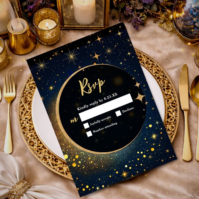 Midnight Blue Stars Moon celestial Halo wedding RSVP Card (Creator Uploaded)