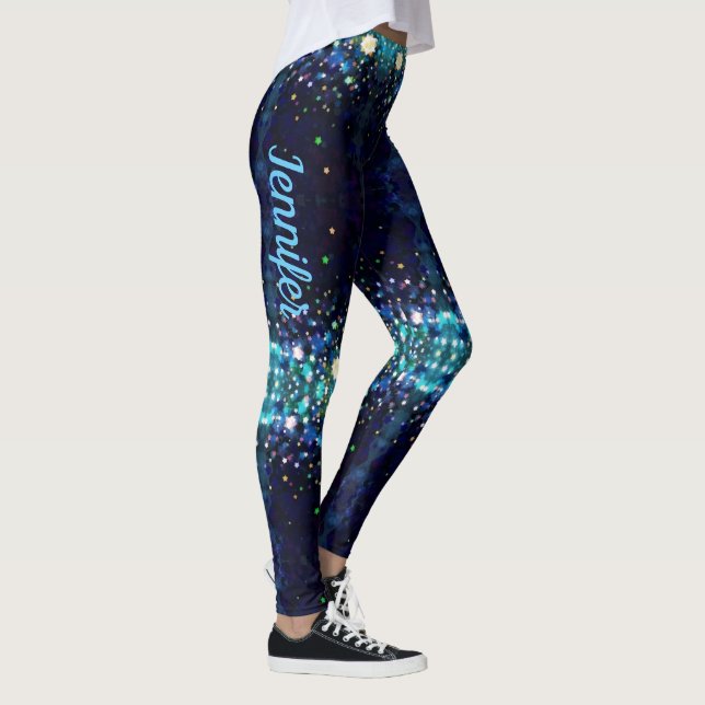 Midnight Blue Stars Watercolor Custom Name Leggings (Right)