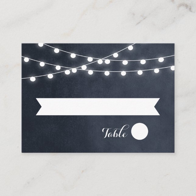 Midnight Blue String Lights Wedding Escort Cards (Front)