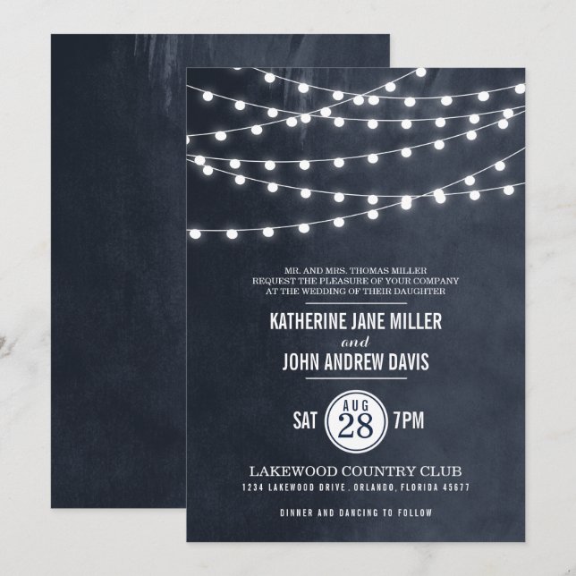 Midnight Blue String Lights Wedding Invitation (Front/Back)