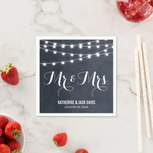 Midnight Blue String Lights Wedding Monogram Napkin