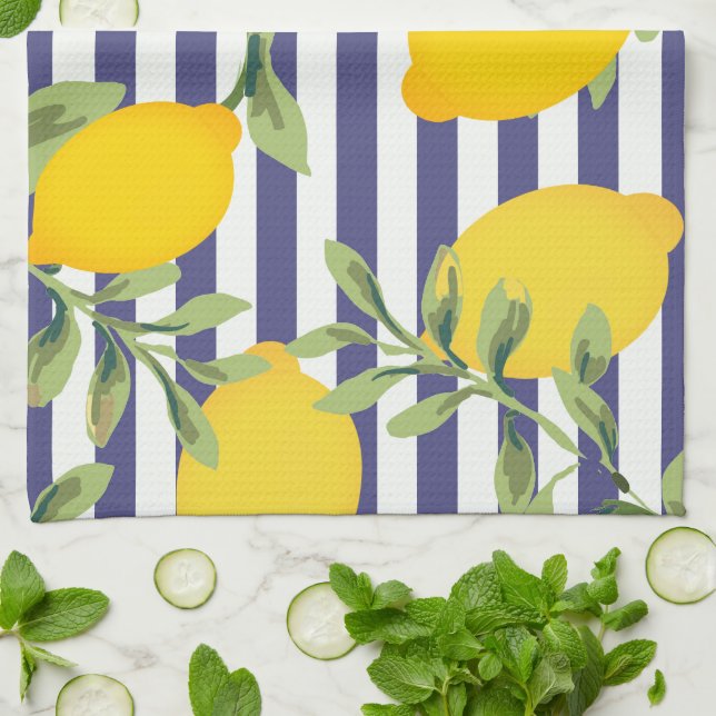 Midnight Blue Striped and Lemon Kitchen Towel (Folded)