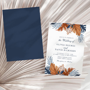 Midnight Blue Tropical Monstera Wedding Invitation