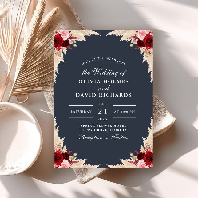 Midnight Blue Tropical Roses Wedding Invitation (Midnight Blue Tropical Roses Wedding Invitation on a boho table with dry palm leaf.)