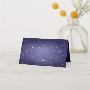 Midnight Blue Vintage Faded Stars Halloween Folded Place Card