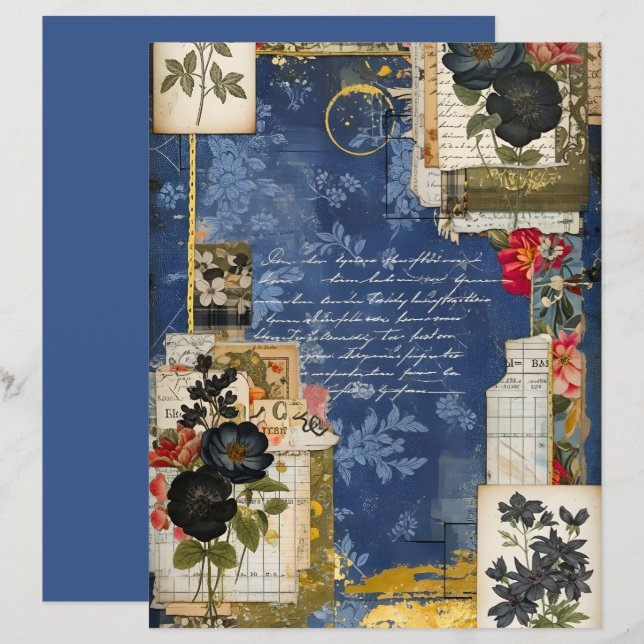 Midnight Blue Vintage Floral Scrapbook Paper (Front/Back)