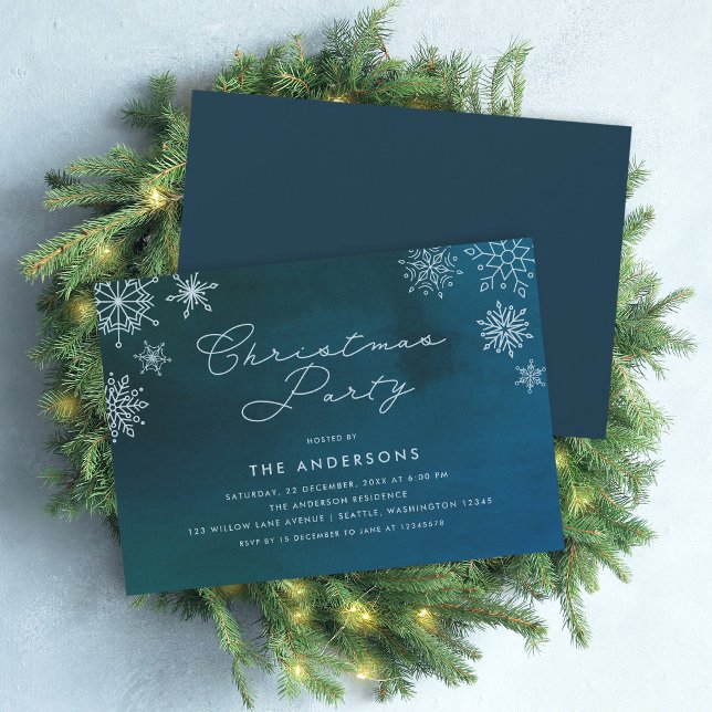 Midnight Blue Watercolor Snowflake Christmas Party Invitation (Creator Uploaded)
