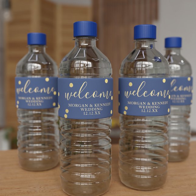 Midnight Blue Wedding Welcome Water Bottle Label (Welcome your guests in style)