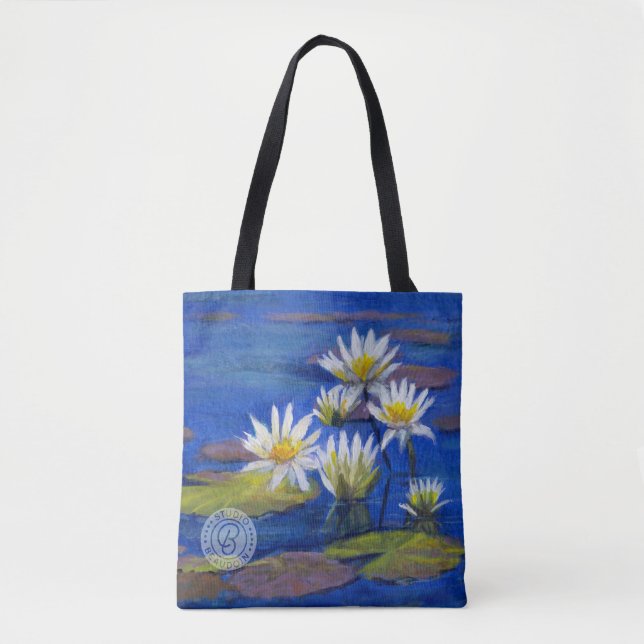 Midnight Blue, White Lily Flowers Tote Design (Front)