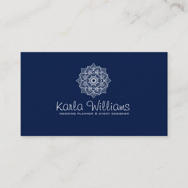 Midnight Blue & White Mandala Business Card (Front)