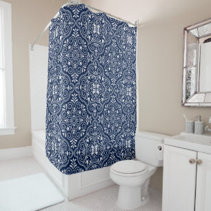 Midnight-Blue & White Moroccan Geometric Pattern Shower Curtain