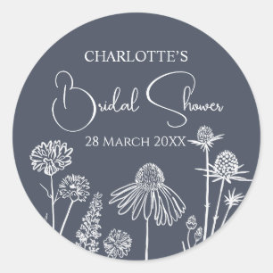 Midnight Blue Wildflowers Sketched Bridal Shower Classic Round Sticker