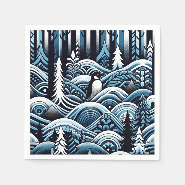 Midnight Blue Winter Forest With Cute Lone Penguin Napkin (Front)