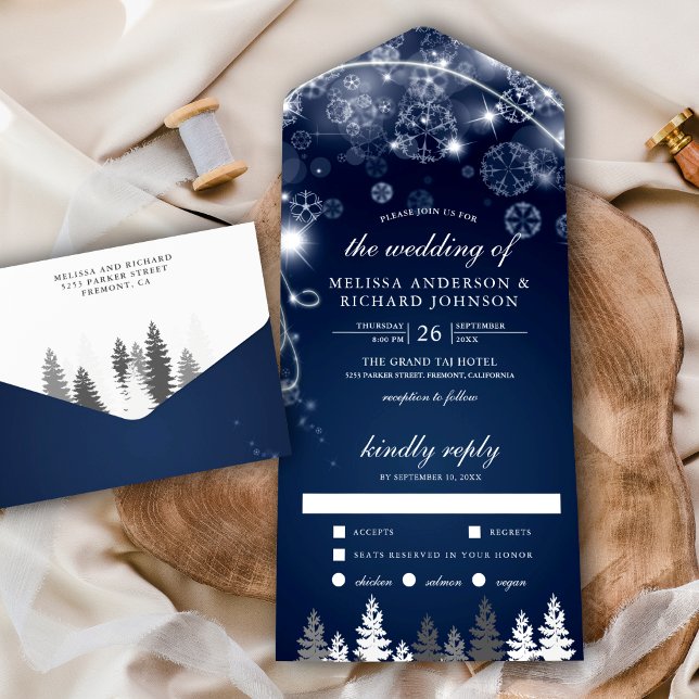 Midnight Blue Winter Wonderland Pine Trees Wedding All In One Invitation (Creator Uploaded)