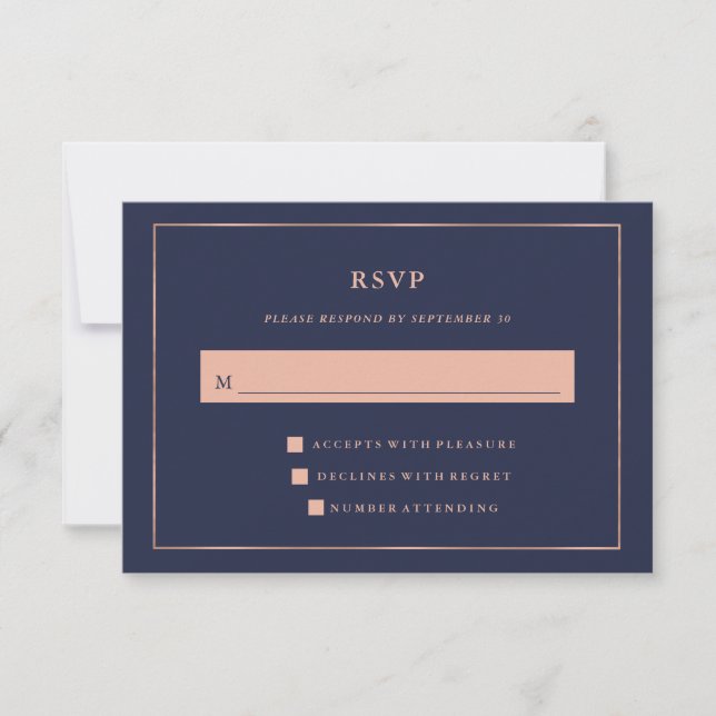 Midnight Blue with Faux Rose Gold Border RSVP Card (Front)