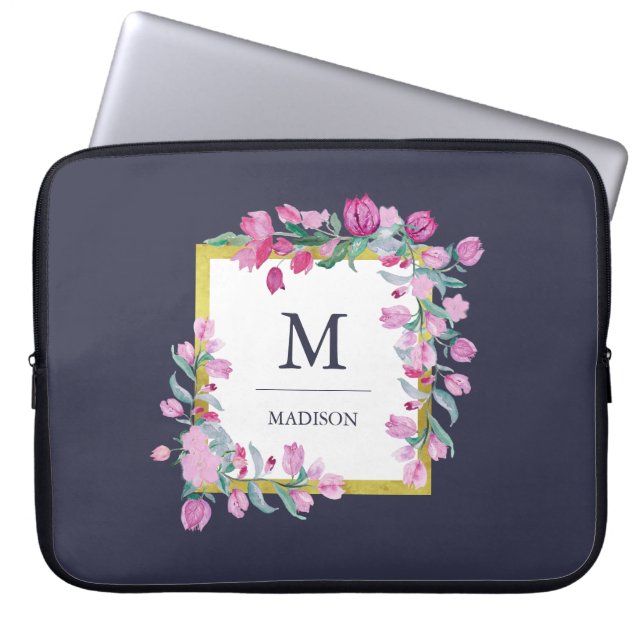 Midnight Blue with Pink Bougainvillea Flowers Laptop Sleeve (Front)