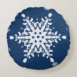 MIDNIGHT BLUE WITH SNOWY SNOWFLAKE HOLIDAY ROUND CUSHION