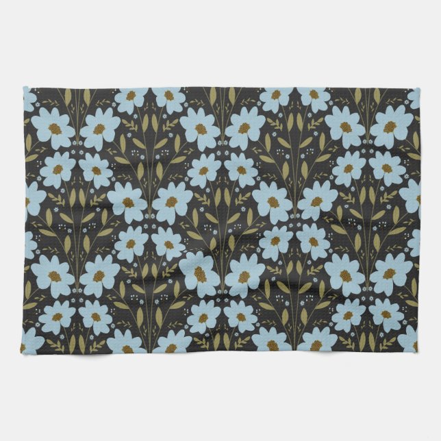 Midnight Bluebell Garden | Elegant Dark Floral Tea Towel (Horizontal)