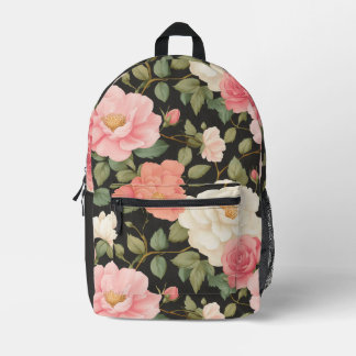 Midnight Blush Elegance Hand-Painted Style Roses Printed Backpack