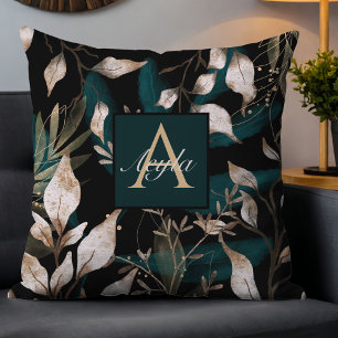 Midnight Boho: Dark Whimsical Leaves With Gold Cushion
