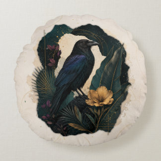 Midnight Botanical Raven Round Cushion