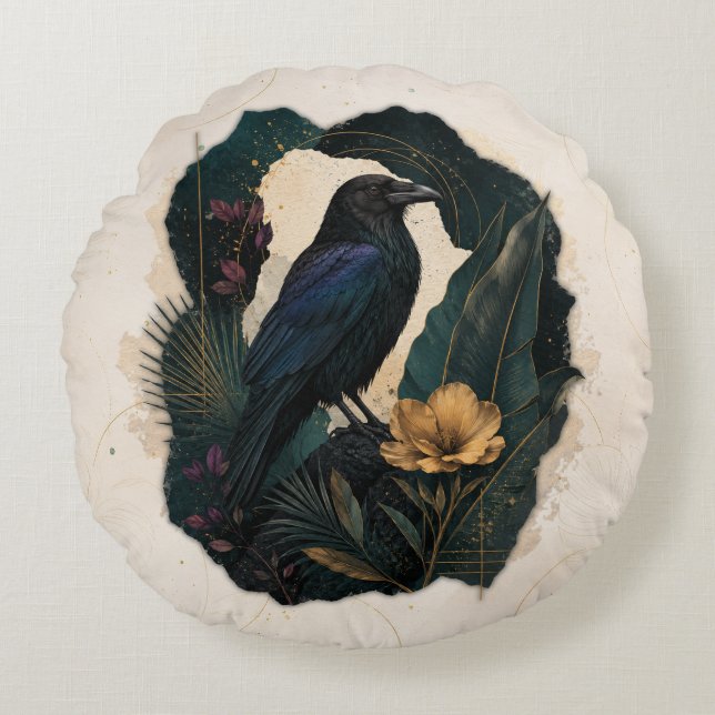 Midnight Botanical Raven Round Cushion (Front)