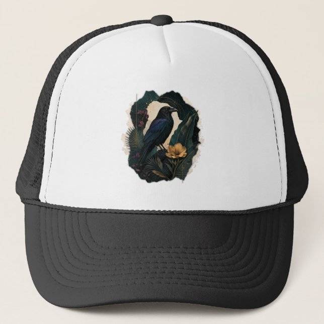 Midnight Botanical Raven Trucker Hat (Front)